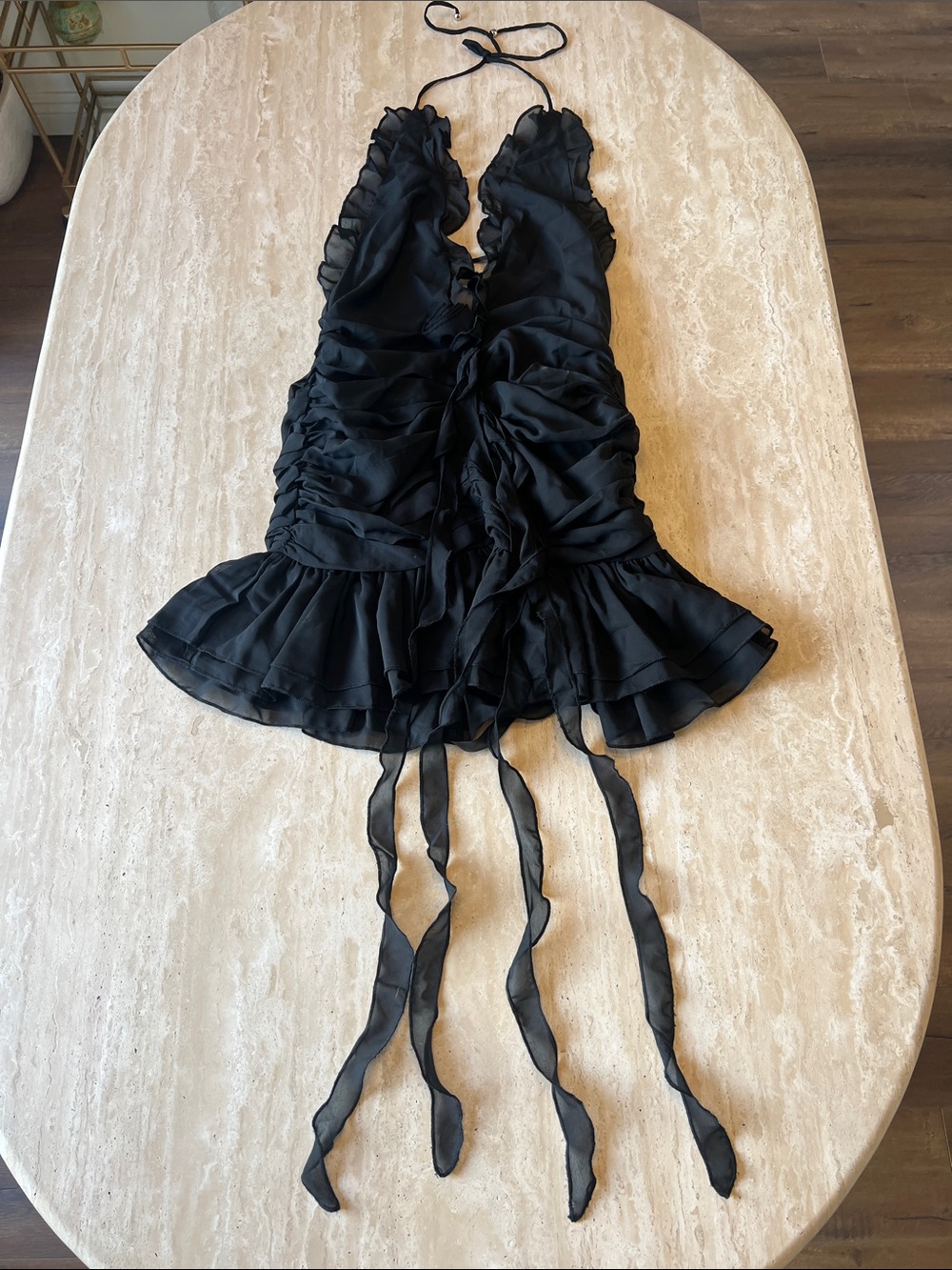 Ruffled Black Halter Mini Dress with Tie-Front Detail